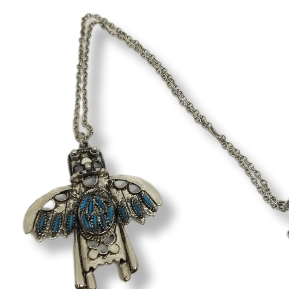SILVERTONED & FAUX TURQUOISE NATIVE AMERICAN STYLE THUNDERBIRD PENDANT NECKLACE - Picture 3 of 7